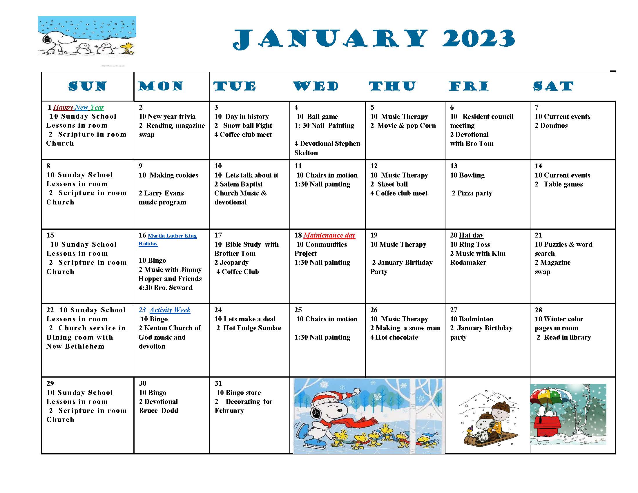 Dyer Nursing and Rehabilitation Center Calendar