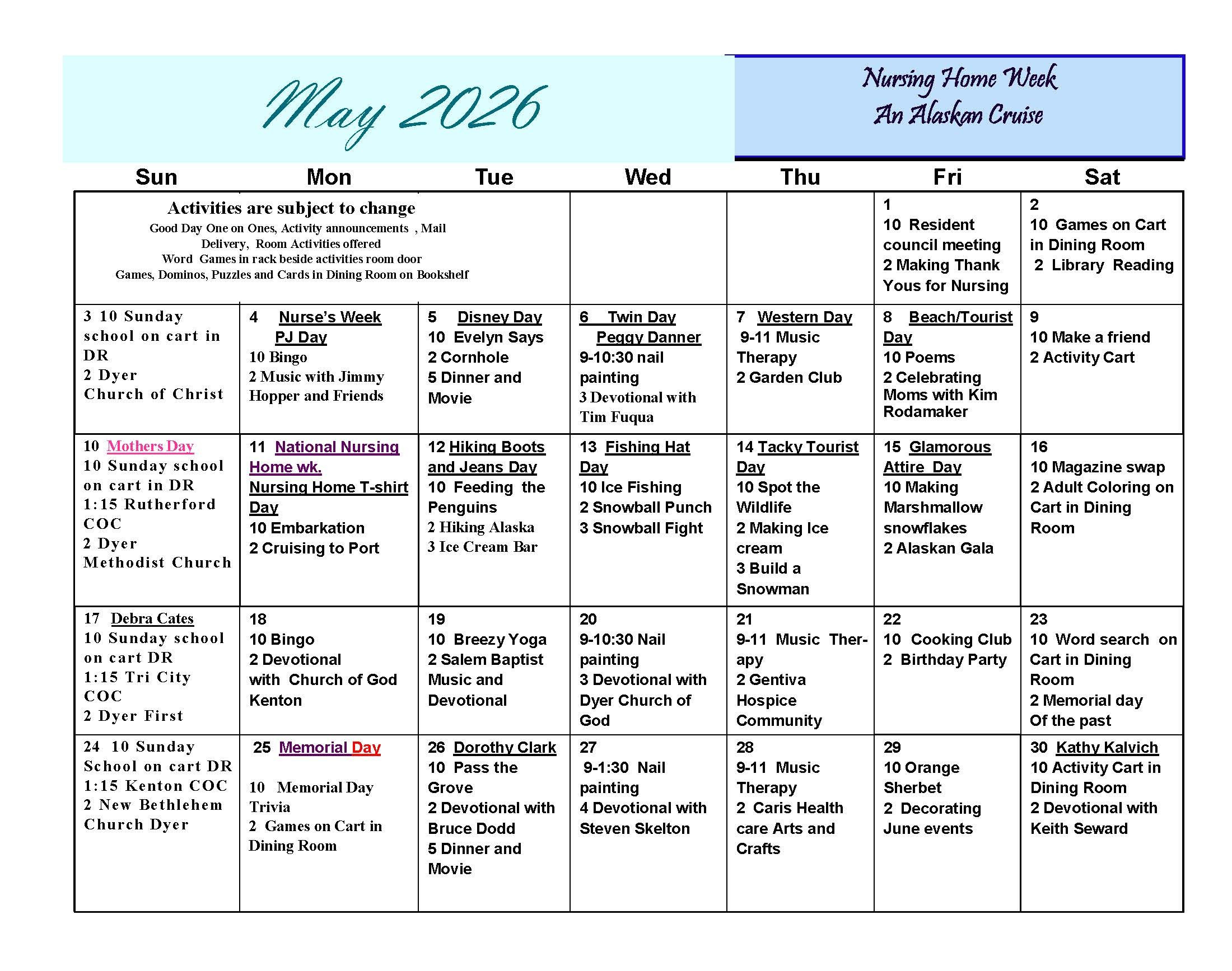 Dyer Nursing and Rehabilitation Center Calendar