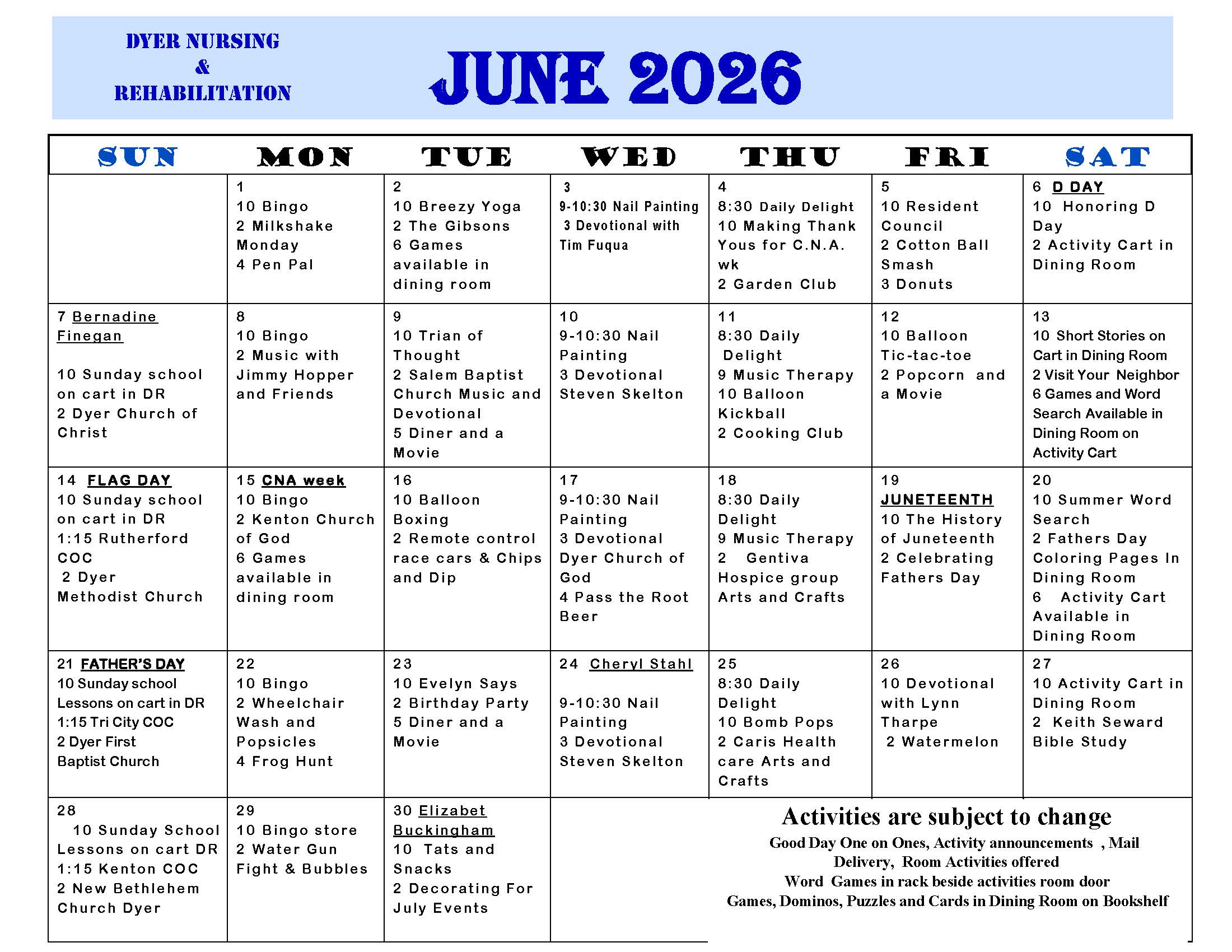 Dyer Nursing and Rehabilitation Center Calendar