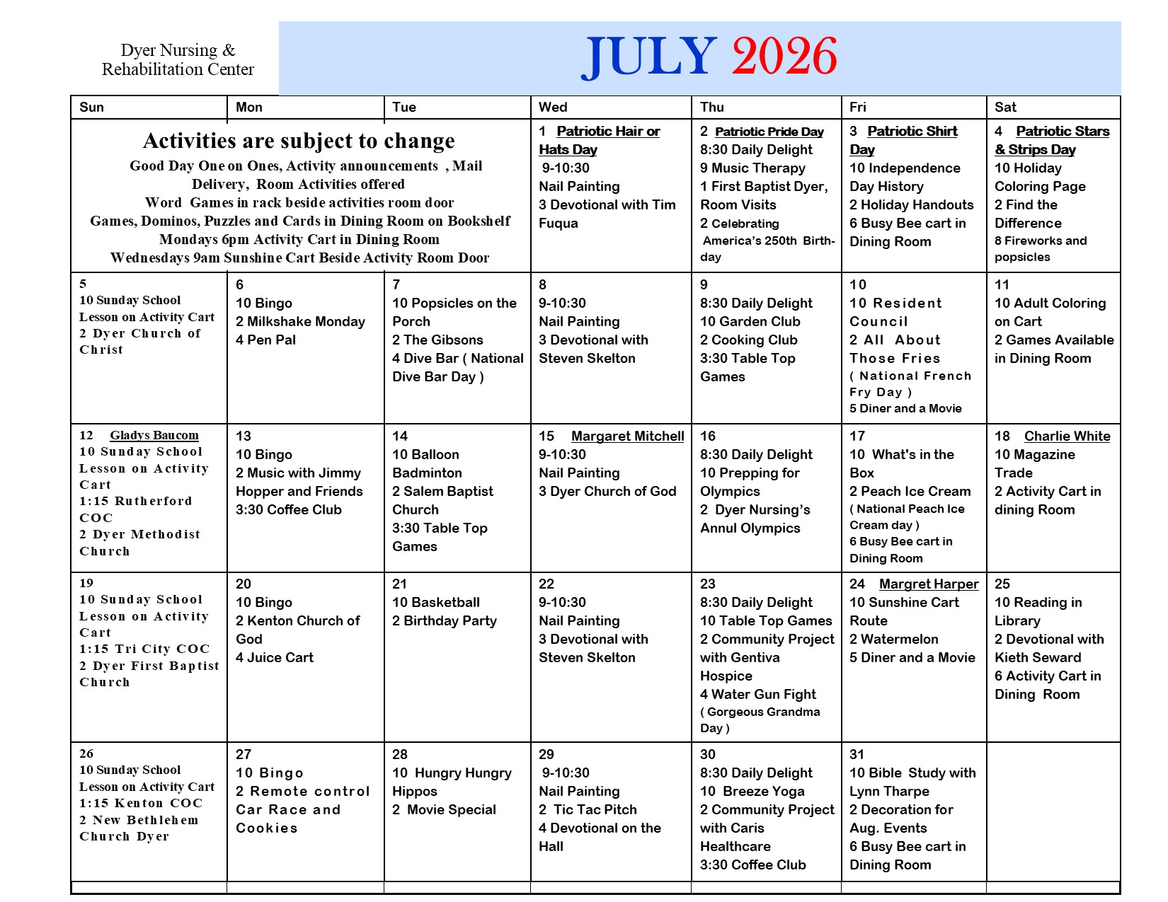 Dyer Nursing and Rehabilitation Center Calendar