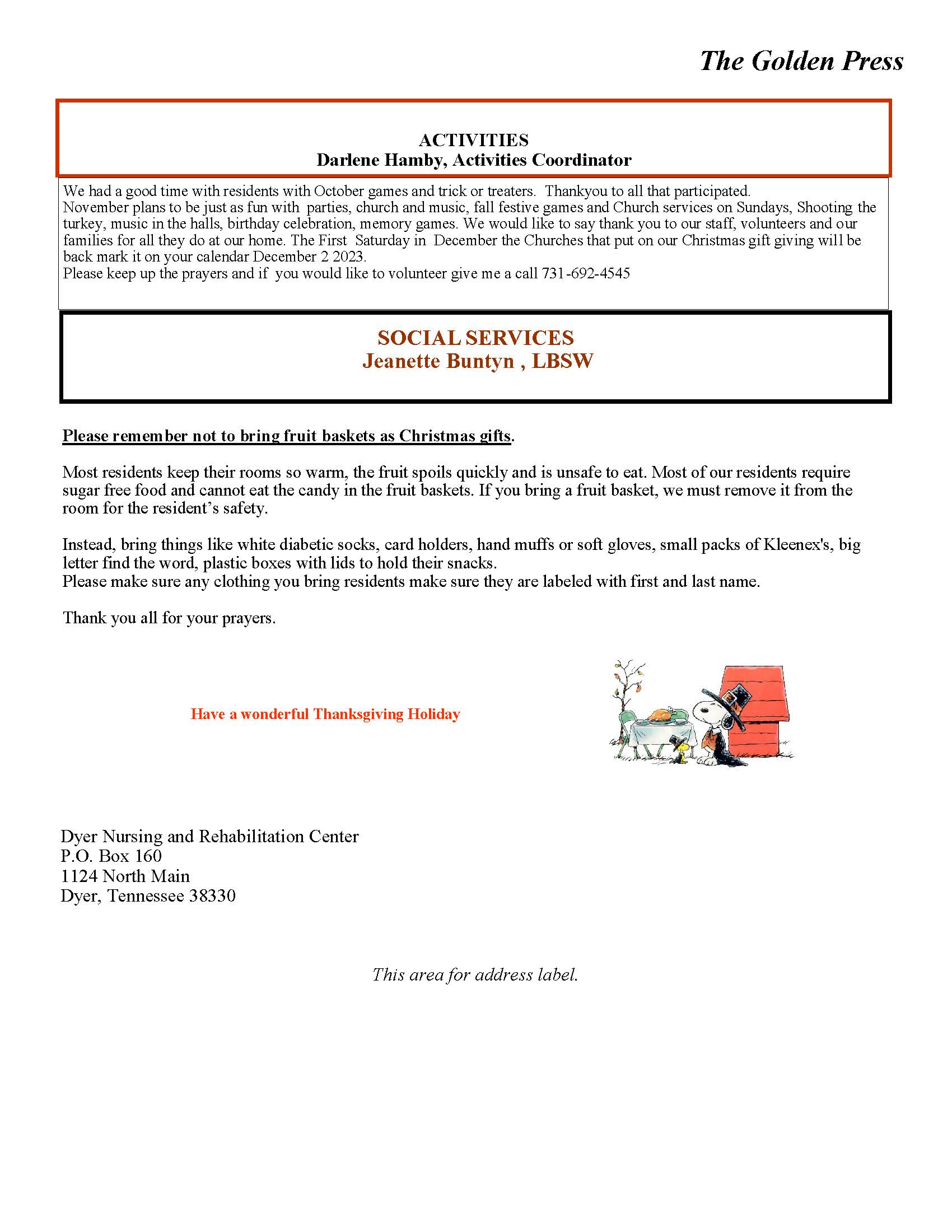 Dyer Nursing and Rehabilitation Center Newsletter