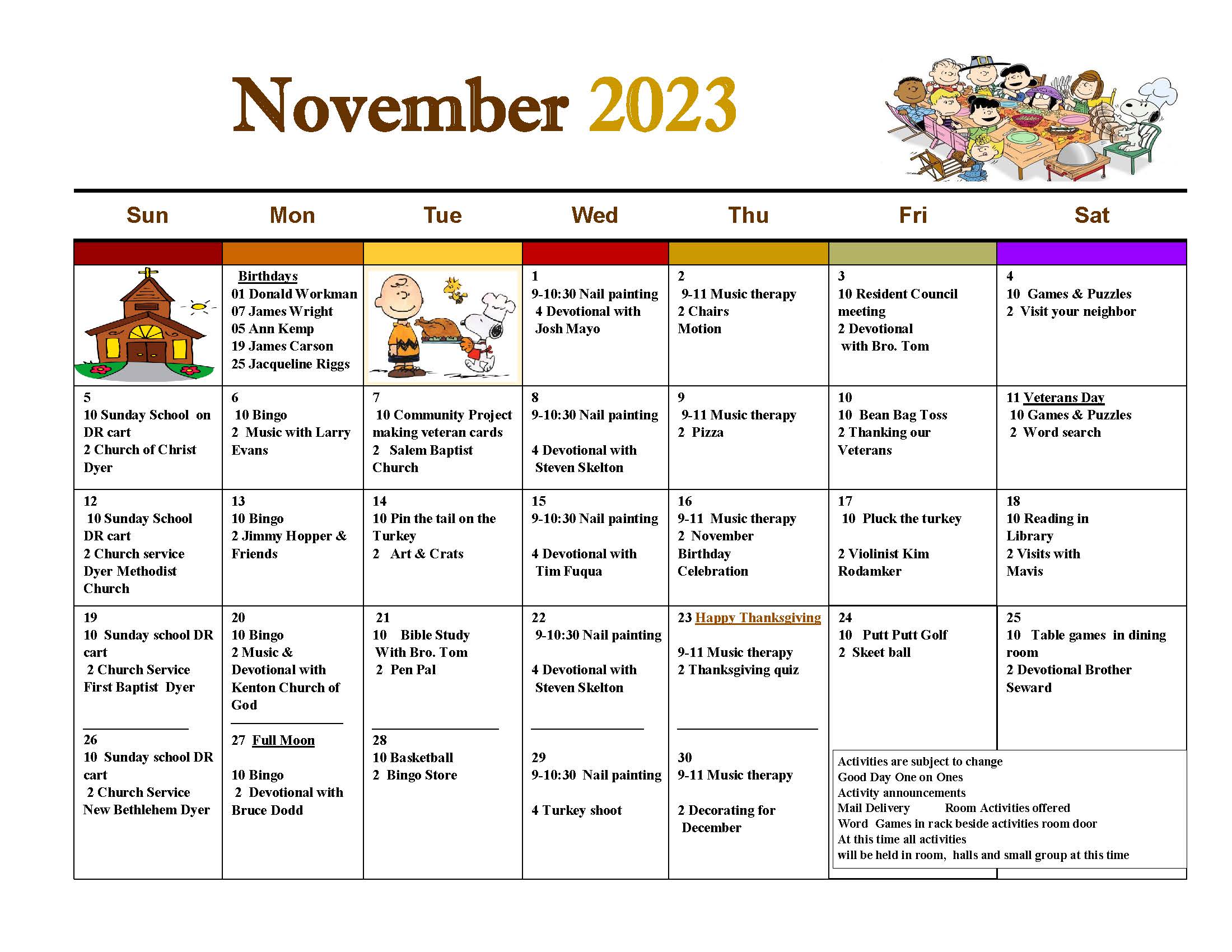 Dyer Nursing and Rehabilitation Center Calendar