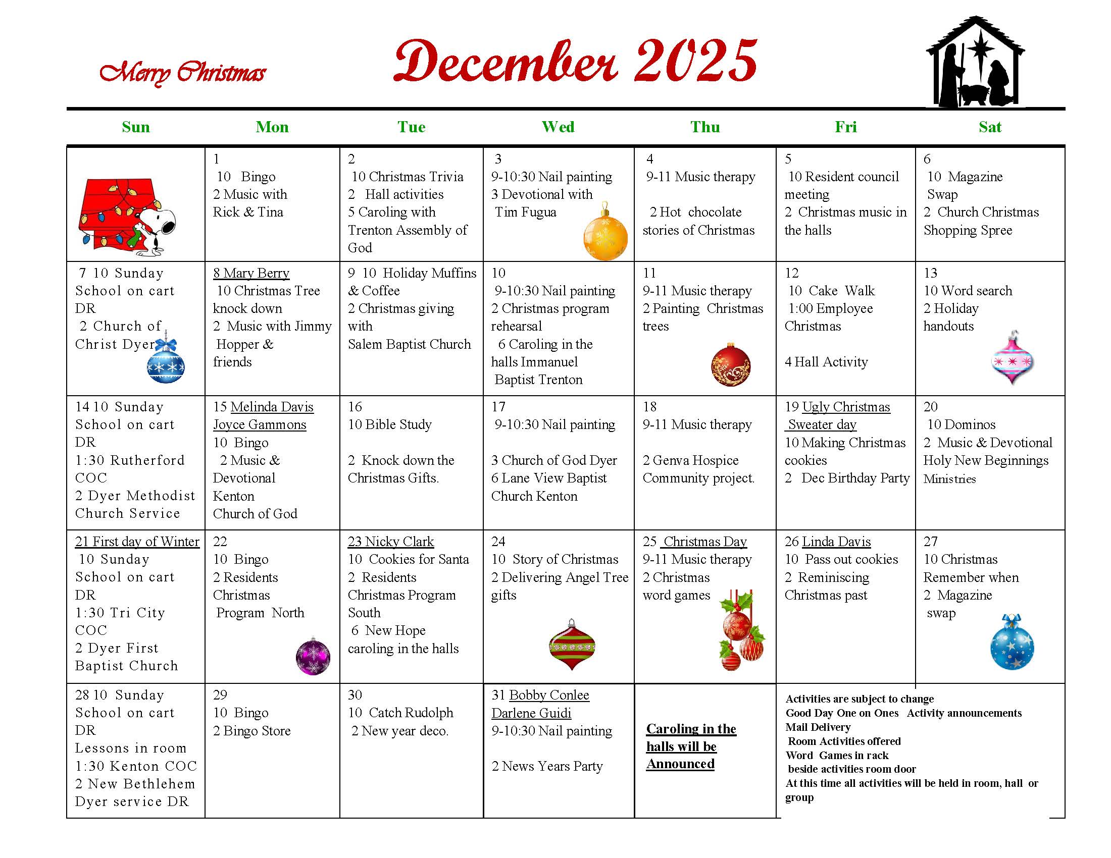 Dyer Nursing and Rehabilitation Center Calendar