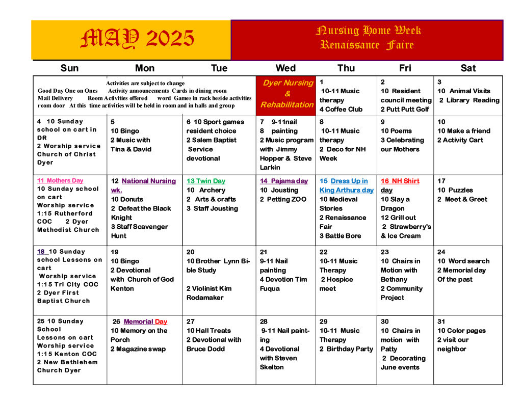 Dyer Nursing and Rehabilitation Center Calendar