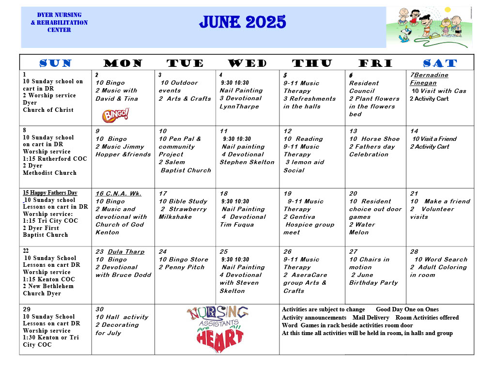Dyer Nursing and Rehabilitation Center Calendar