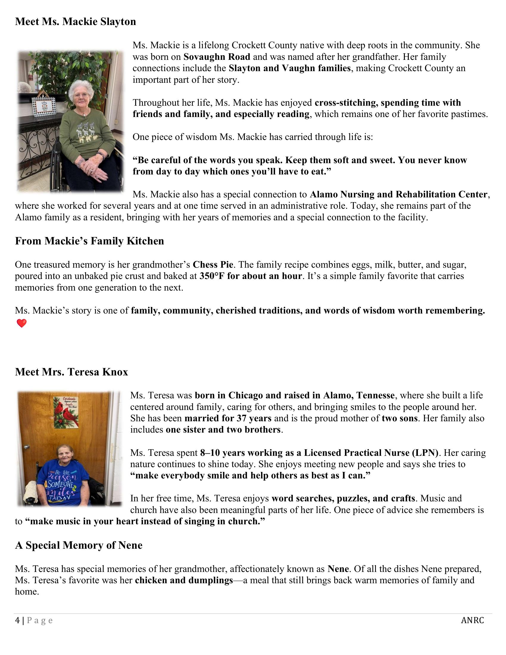 Alamo Nursing and Rehabilitation Center Newsletter
