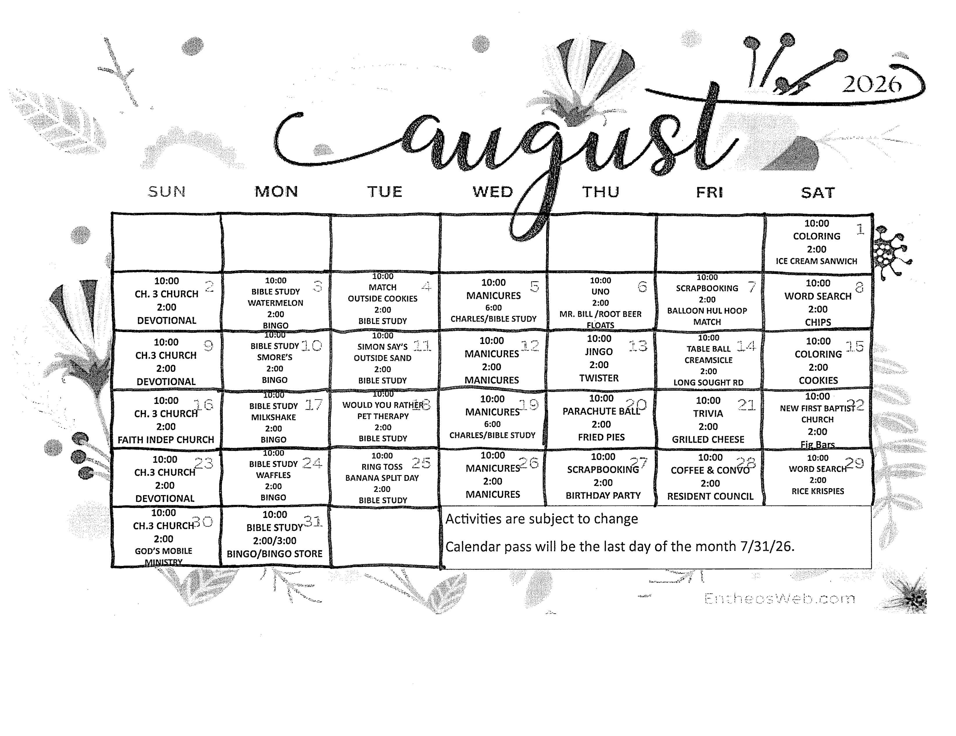 Bells Nursing and Rehabilitation Center Calendar