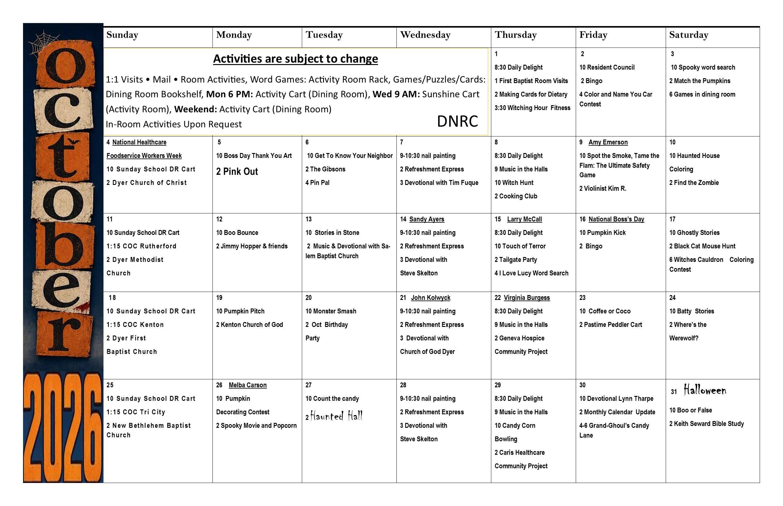 Dyer Nursing and Rehabilitation Center Calendar