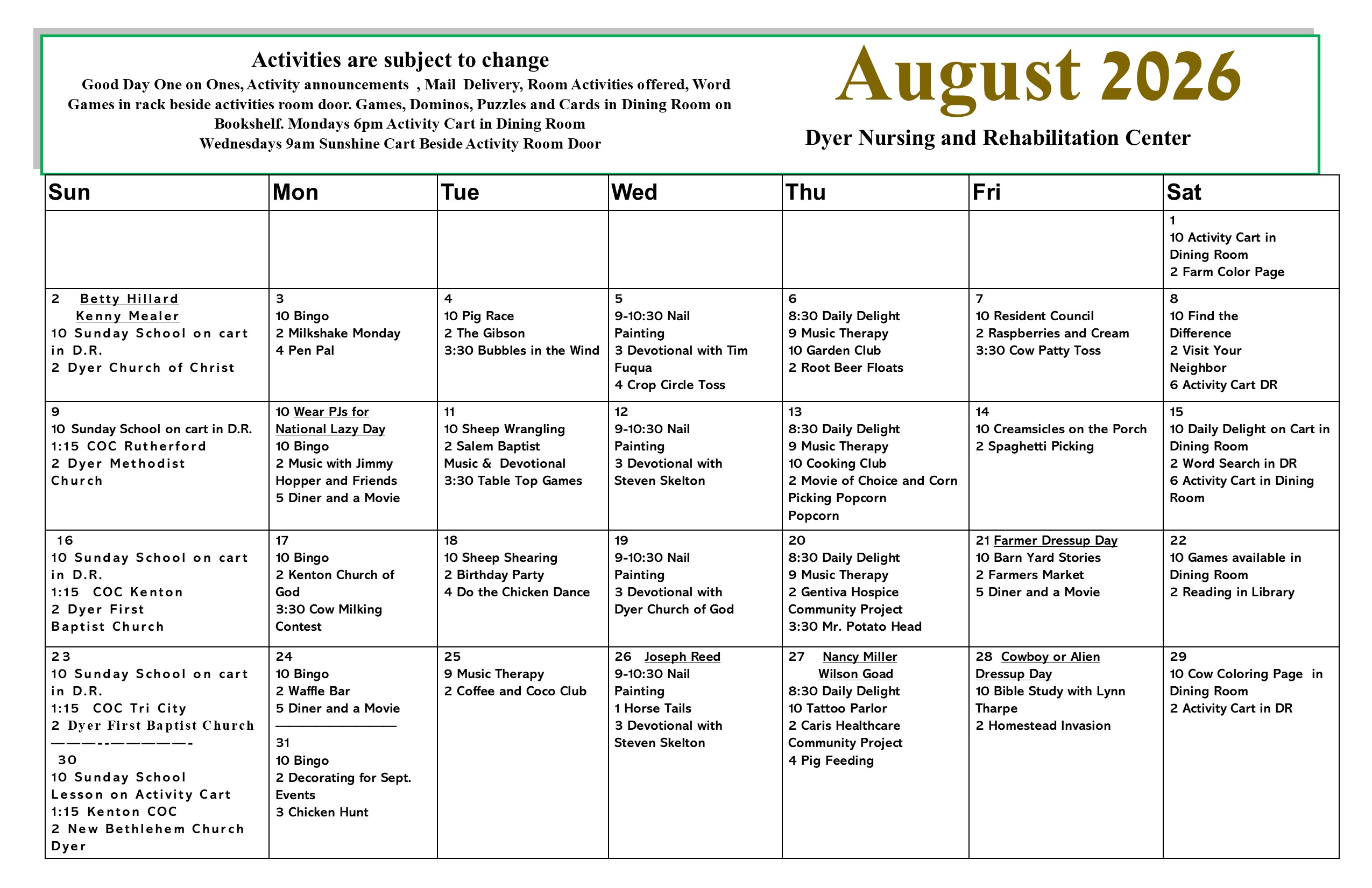Dyer Nursing and Rehabilitation Center Calendar