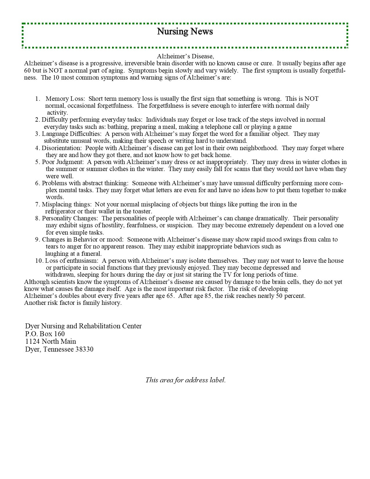 Dyer Nursing and Rehabilitation Center Newsletter