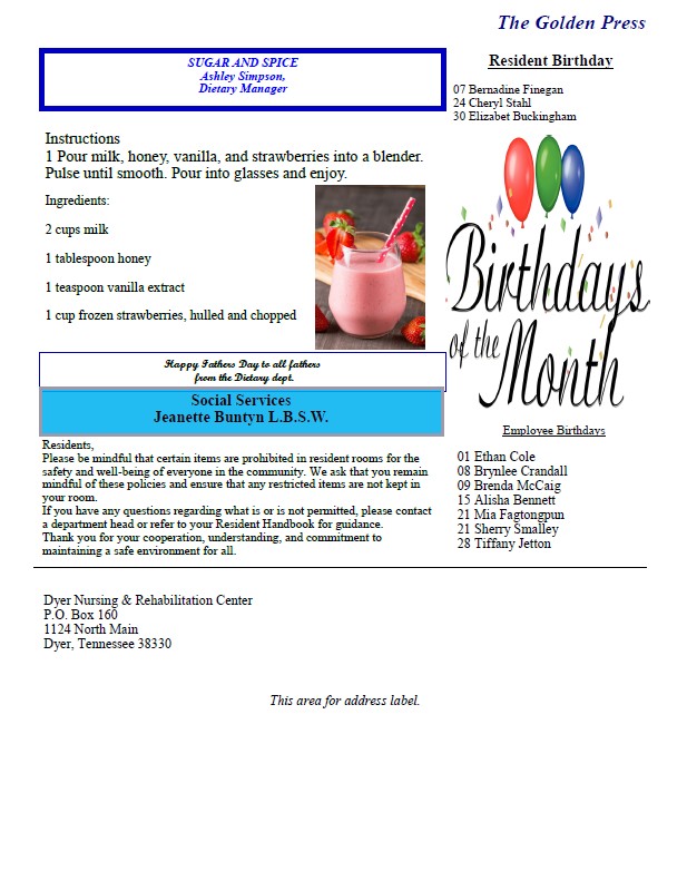 Dyer Nursing and Rehabilitation Center Newsletter
