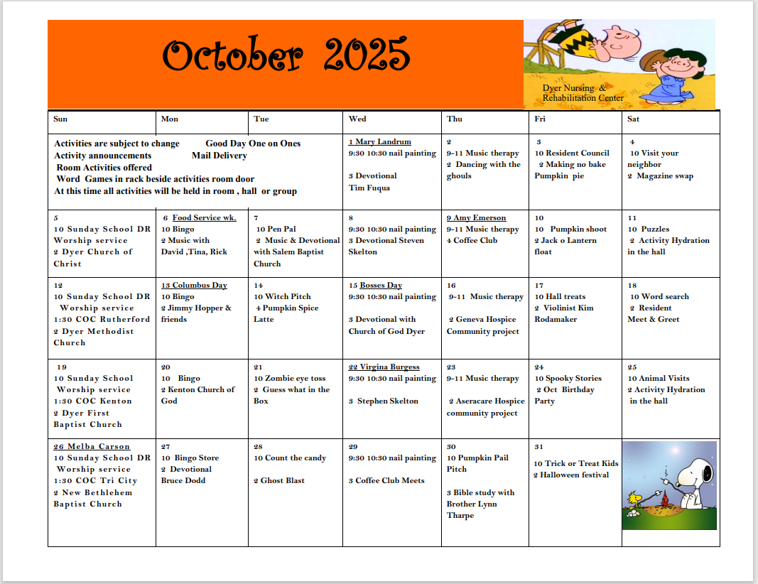 Dyer Nursing and Rehabilitation Center Calendar