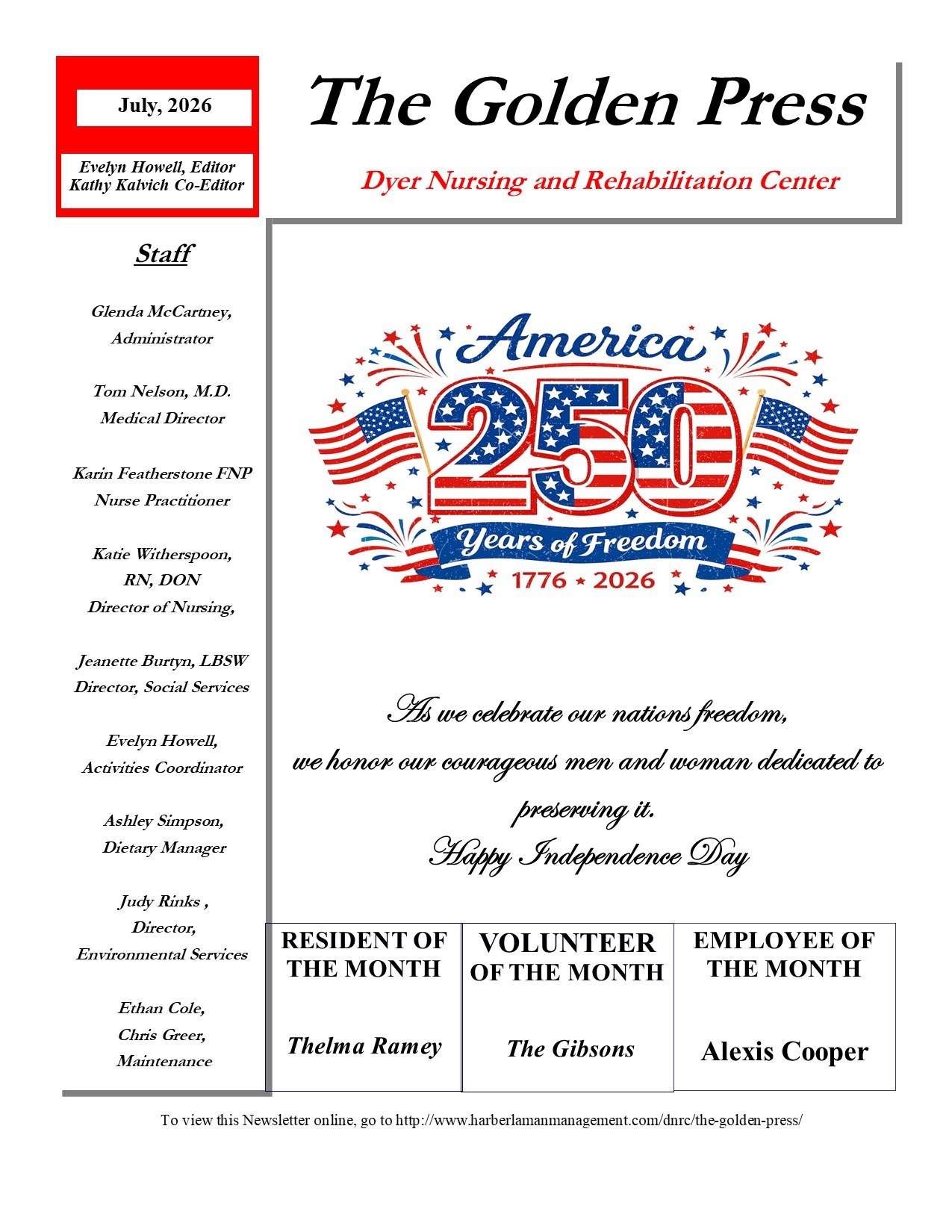 Dyer Nursing and Rehabilitation Center Newsletter