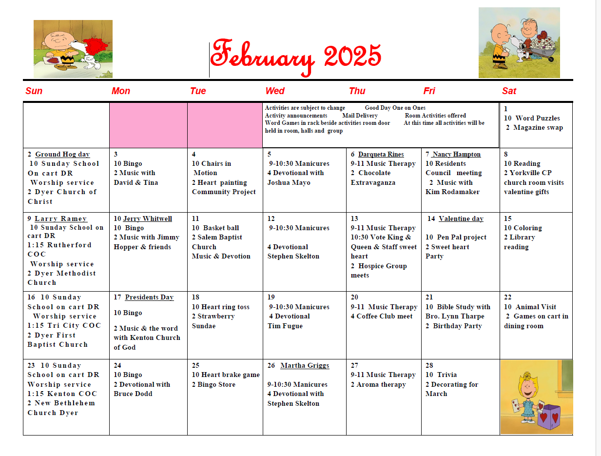 Dyer Nursing and Rehabilitation Center Calendar