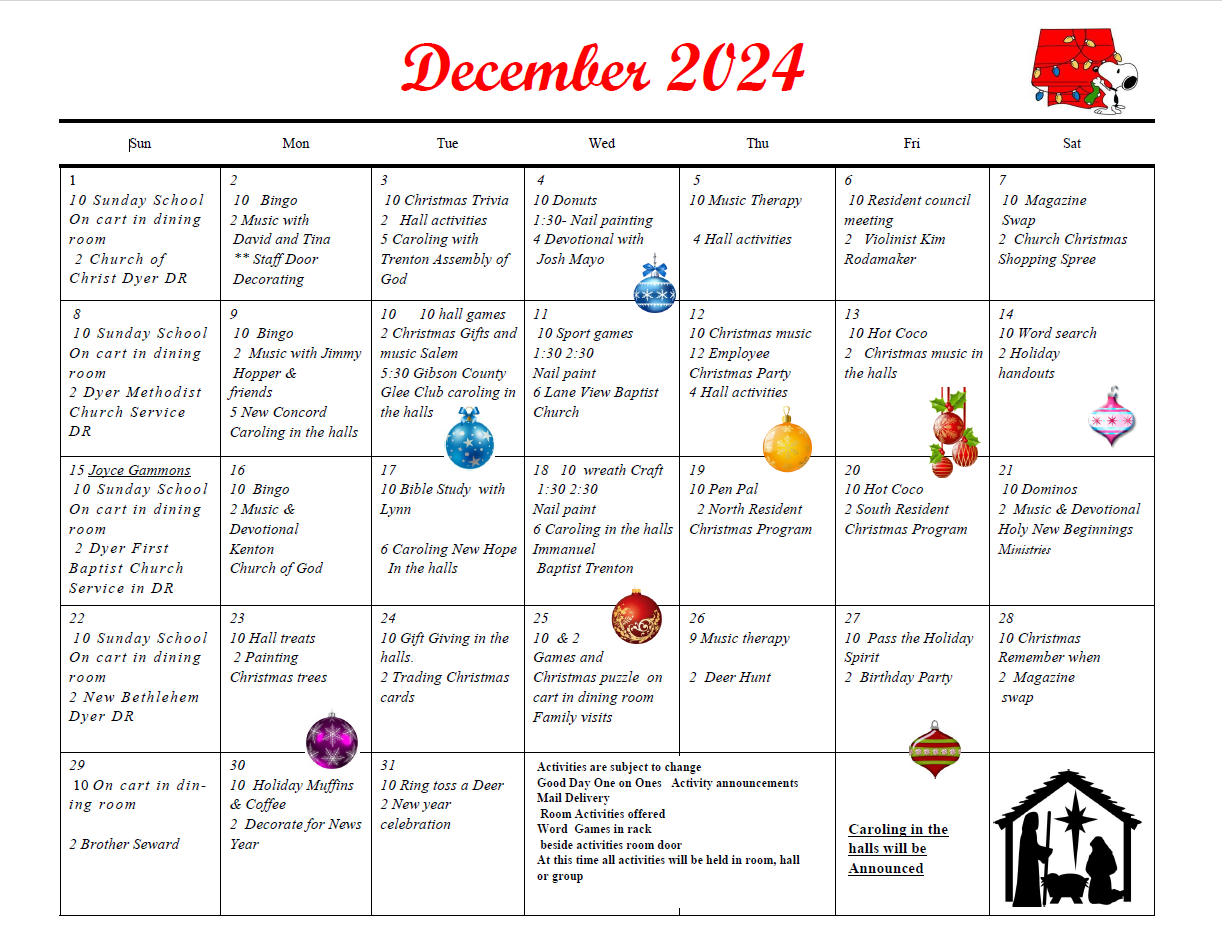 Dyer Nursing and Rehabilitation Center Calendar