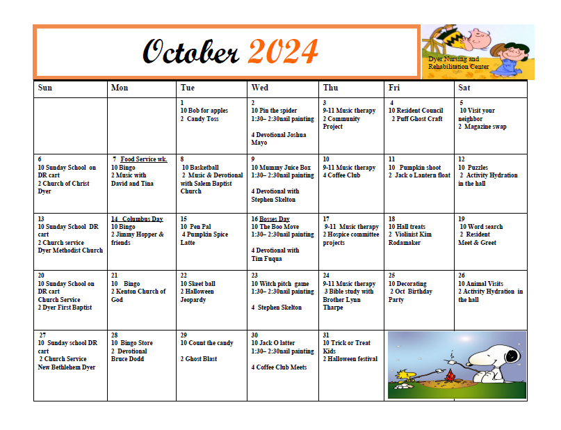 Dyer Nursing and Rehabilitation Center Calendar